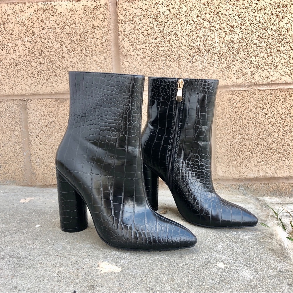 Liliana Ines-4 Black Bootie in Faux Crocodile Skin